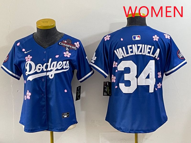 Women Los Angeles Dodgers 34 Valenzuela Blue Sakura Edition 2025 Nike MLB Jersey style 35